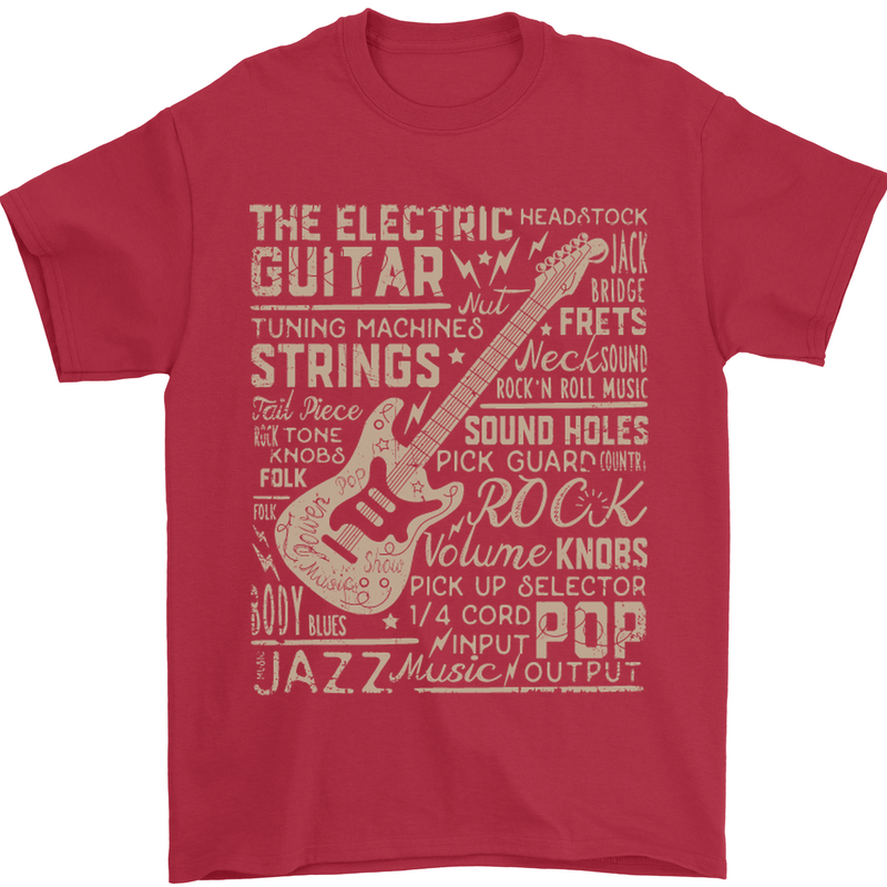 Guitar Word Art Guitarist Electric Acoustic Mens T-Shirt Cotton Gildan Red