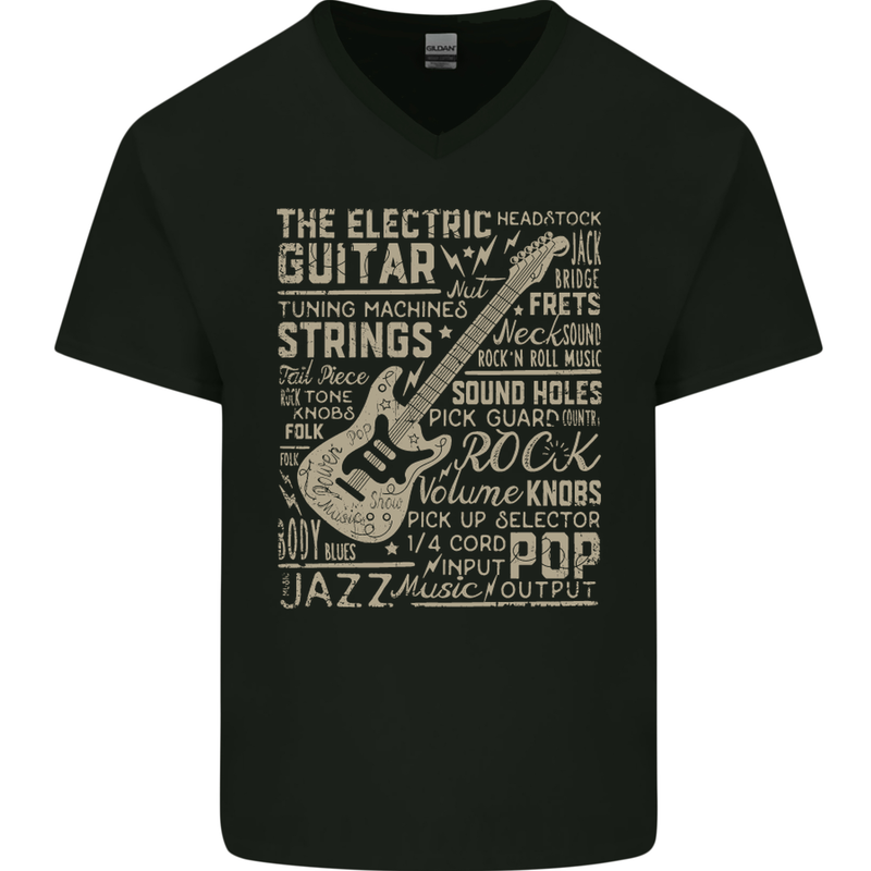 Guitar Word Art Guitarist Electric Acoustic Mens V-Neck Cotton T-Shirt Black