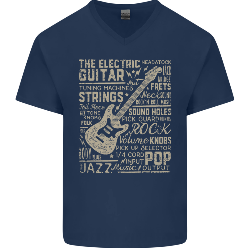 Guitar Word Art Guitarist Electric Acoustic Mens V-Neck Cotton T-Shirt Navy Blue