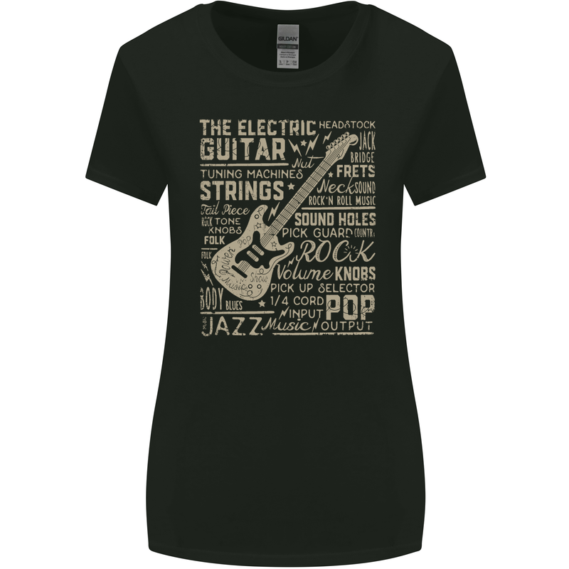 Guitar Word Art Guitarist Electric Acoustic Womens Wider Cut T-Shirt Black