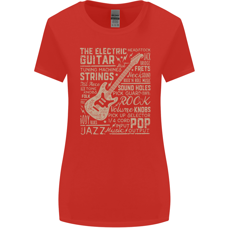 Guitar Word Art Guitarist Electric Acoustic Womens Wider Cut T-Shirt Red