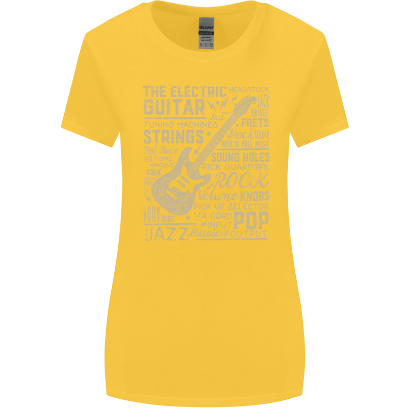 Guitar Word Art Guitarist Electric Acoustic Womens Wider Cut T-Shirt Yellow