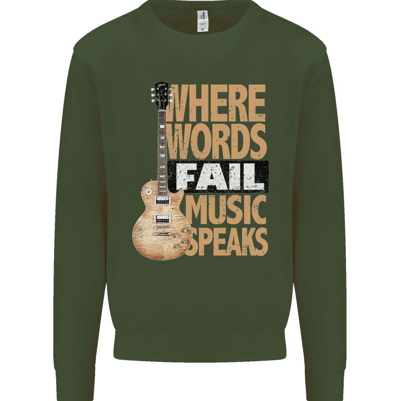 Guitar Words Fail Music Speaks Guitarist Kids Sweatshirt Jumper Forest Green