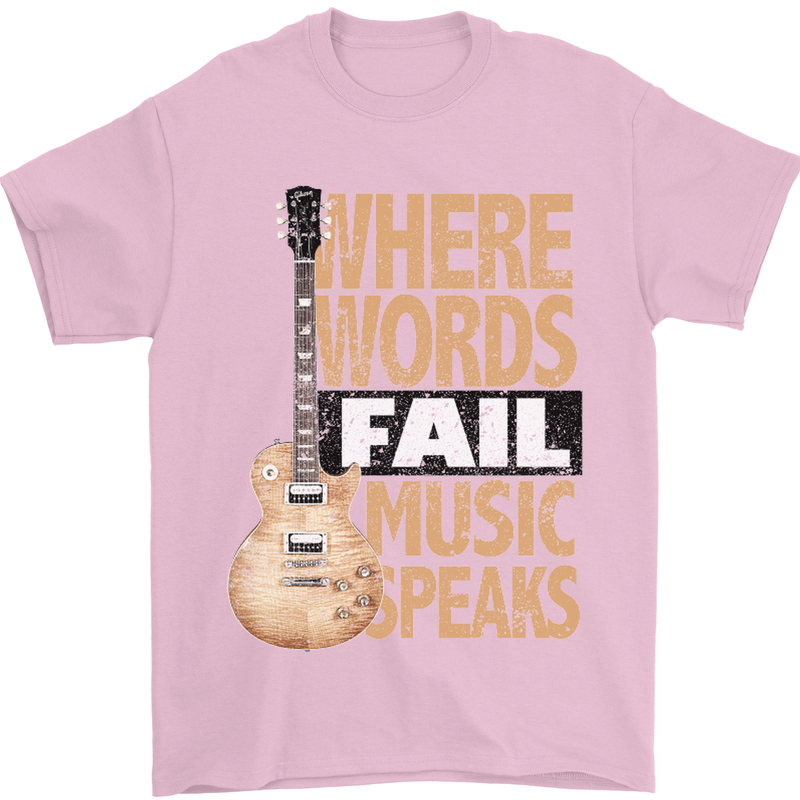 Guitar Words Fail Music Speaks Guitarist Mens T-Shirt Cotton Gildan Light Pink