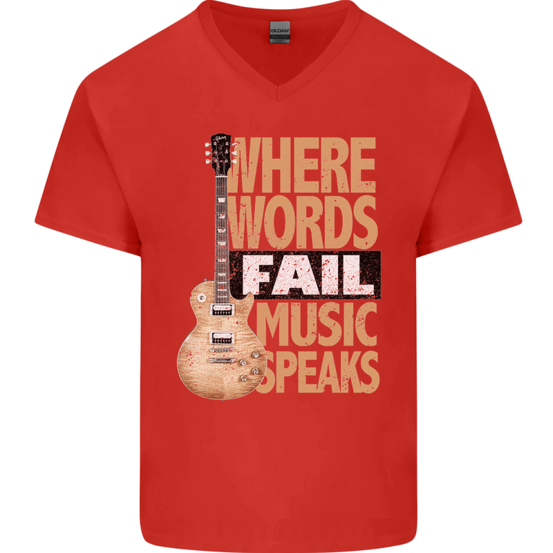 Guitar Words Fail Music Speaks Guitarist Mens V-Neck Cotton T-Shirt Red