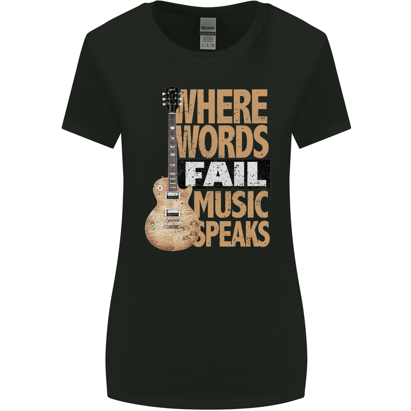 Guitar Words Fail Music Speaks Guitarist Womens Wider Cut T-Shirt Black