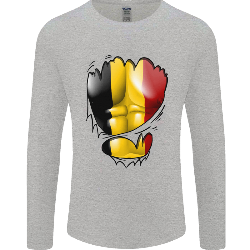 Gym Belgian Flag Ripped Muscles Belgium Mens Long Sleeve T-Shirt Sports Grey