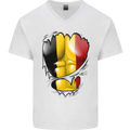 Gym Belgian Flag Ripped Muscles Belgium Mens V-Neck Cotton T-Shirt White