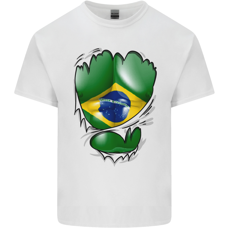 Gym Brazilian Flag Ripped Muscles Brazil Mens Cotton T-Shirt Tee Top White