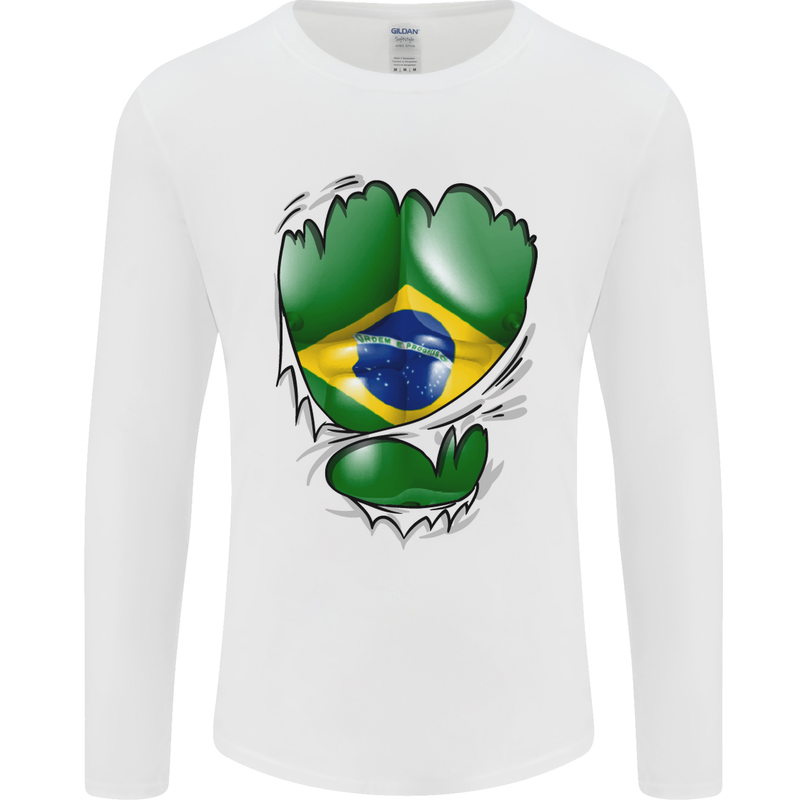 Gym Brazilian Flag Ripped Muscles Brazil Mens Long Sleeve T-Shirt White