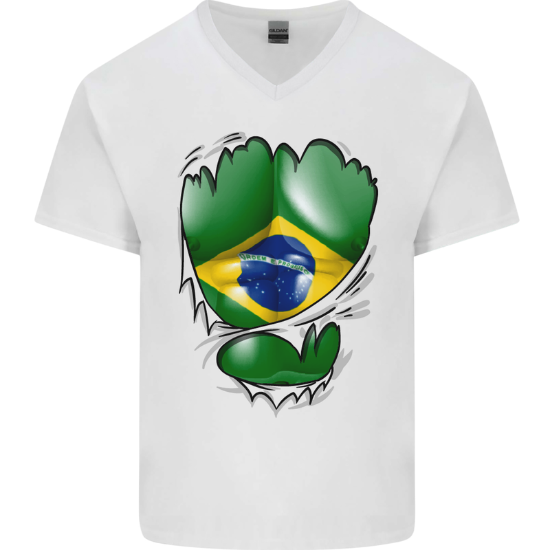 Gym Brazilian Flag Ripped Muscles Brazil Mens V-Neck Cotton T-Shirt White