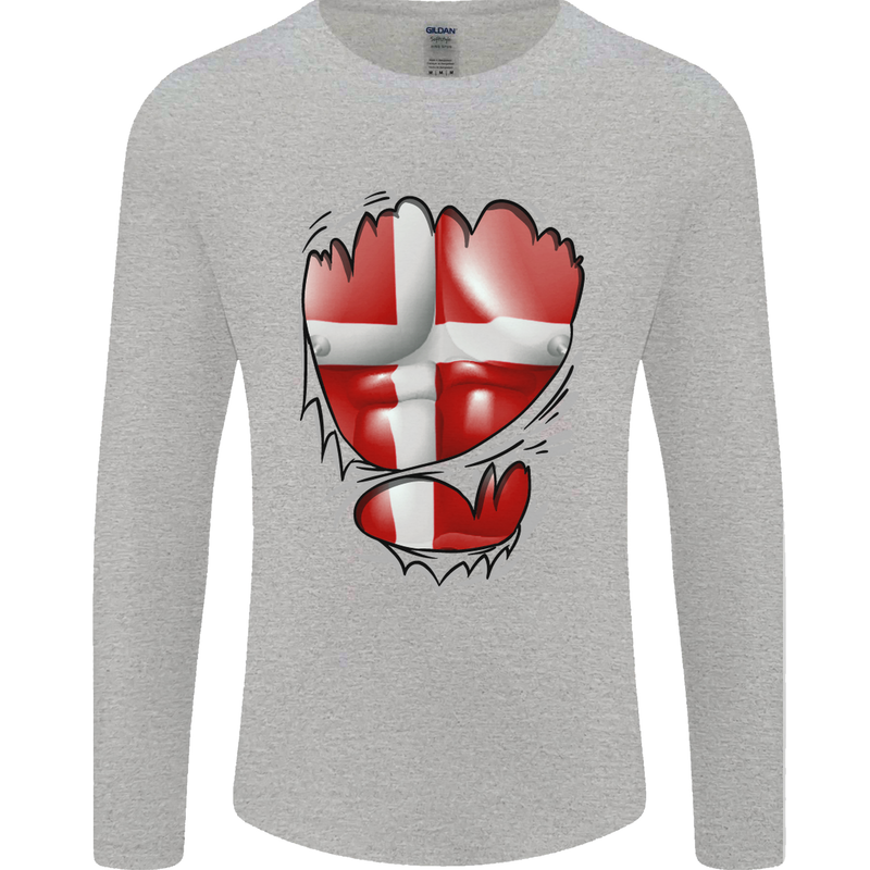 Gym Danish Flag Ripped Muscles Denmark Mens Long Sleeve T-Shirt Sports Grey