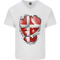 Gym Danish Flag Ripped Muscles Denmark Mens V-Neck Cotton T-Shirt White