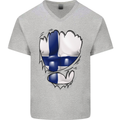 Gym Finnish Flag Ripped Muscles Finland Mens V-Neck Cotton T-Shirt Sports Grey