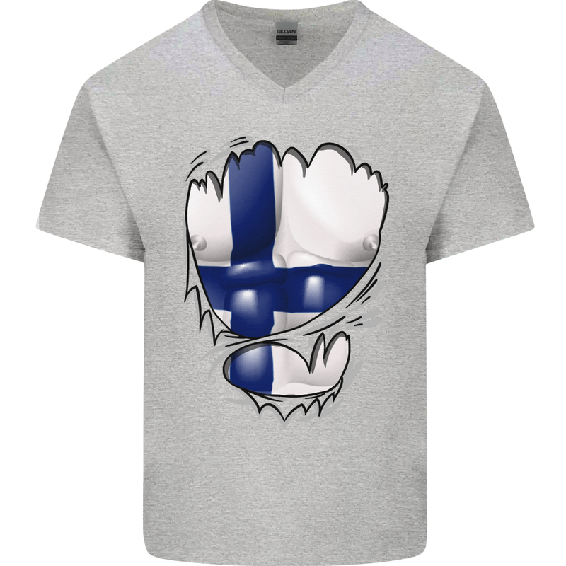 Gym Finnish Flag Ripped Muscles Finland Mens V-Neck Cotton T-Shirt Sports Grey