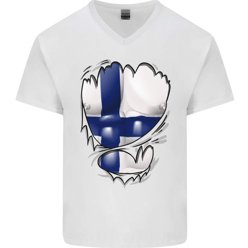 Gym Finnish Flag Ripped Muscles Finland Mens V-Neck Cotton T-Shirt White