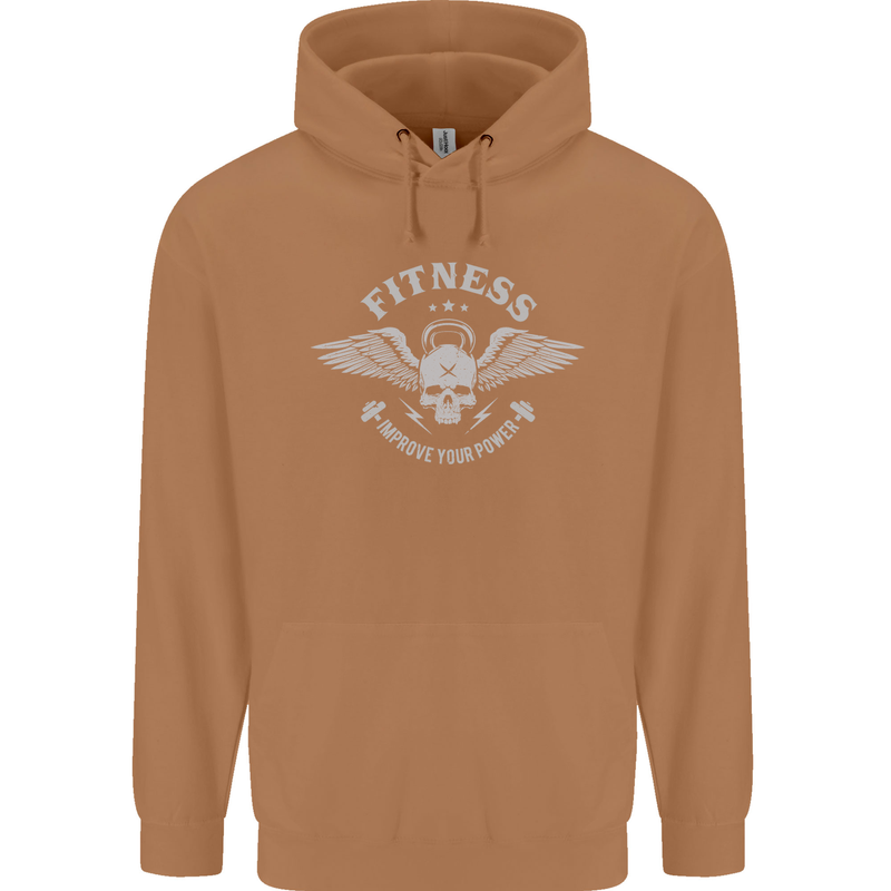 Gym Fitness Improve Your Power Skull Mens 80% Cotton Hoodie Caramel Latte