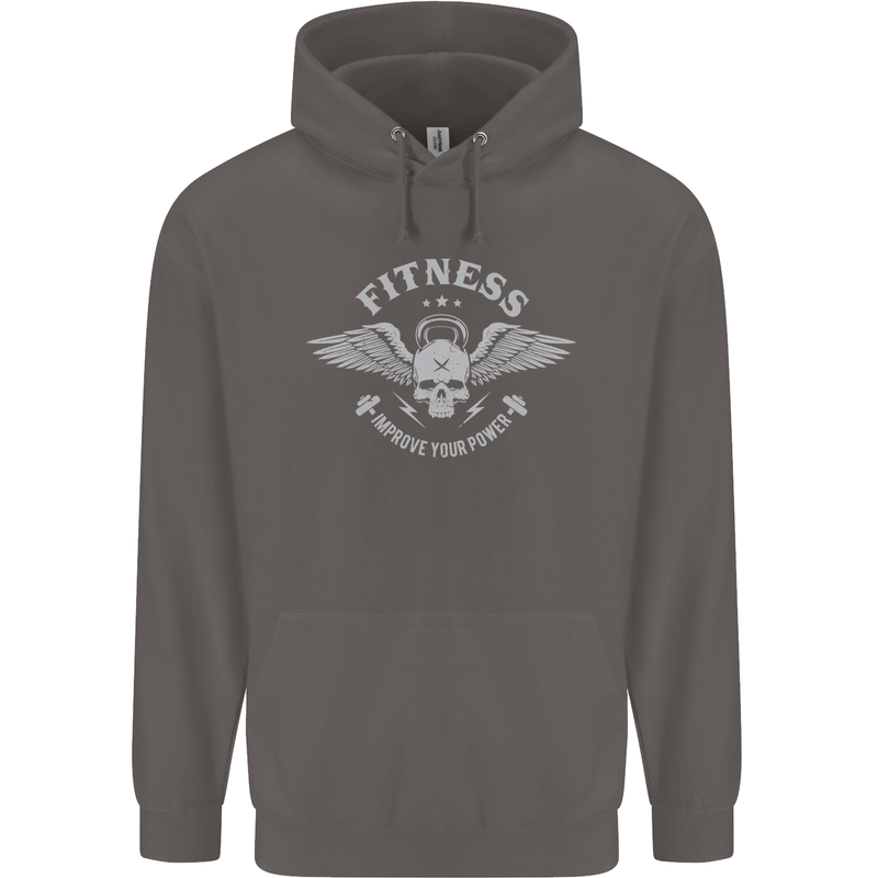 Gym Fitness Improve Your Power Skull Mens 80% Cotton Hoodie Charcoal