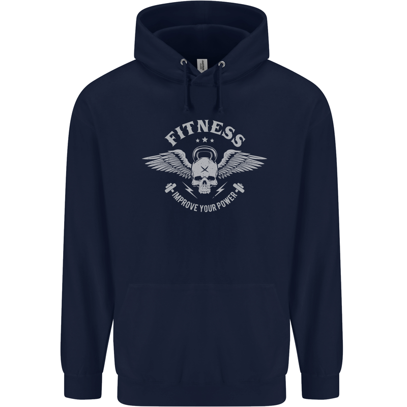 Gym Fitness Improve Your Power Skull Mens 80% Cotton Hoodie Navy Blue