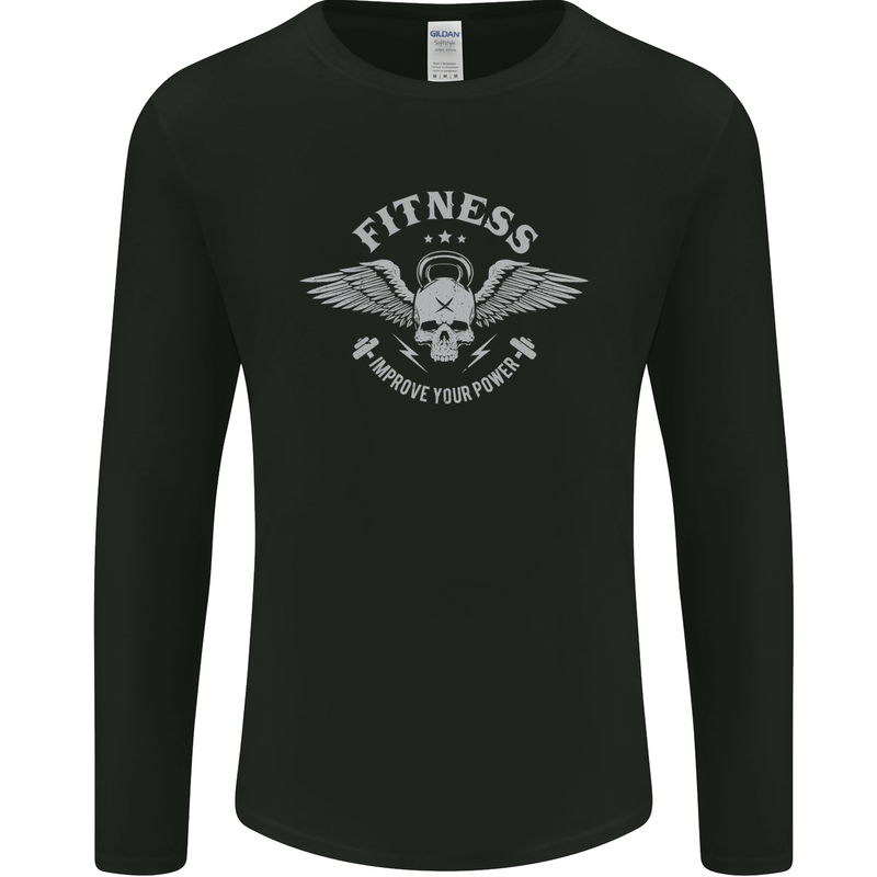 Gym Fitness Improve Your Power Skull Mens Long Sleeve T-Shirt Black