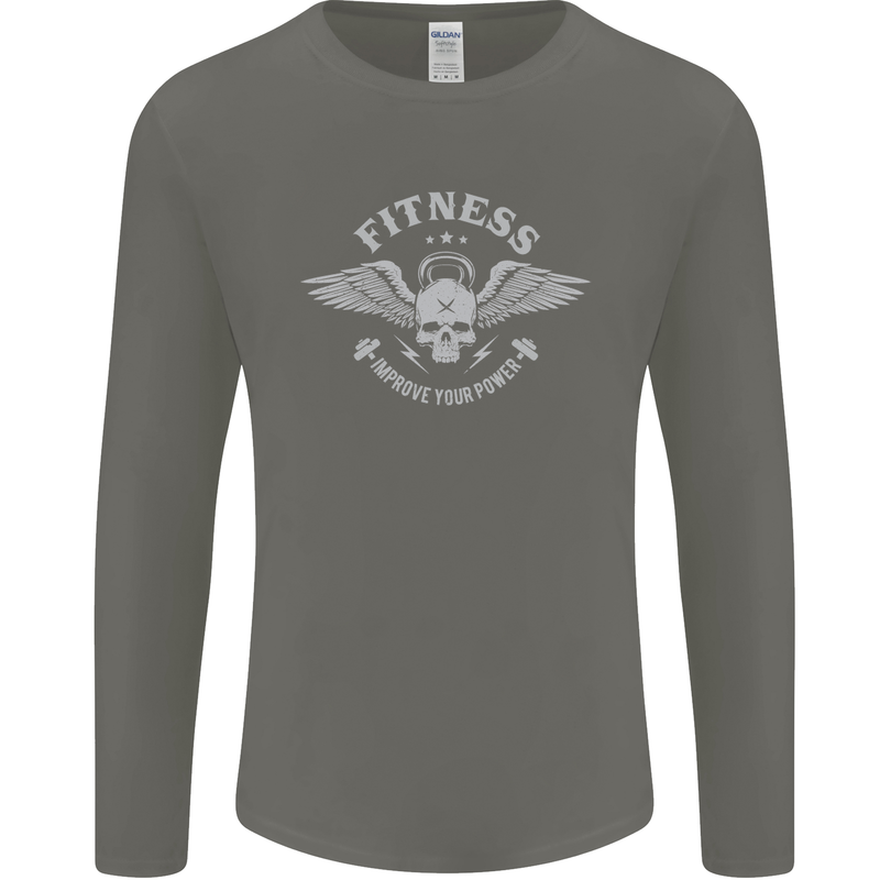 Gym Fitness Improve Your Power Skull Mens Long Sleeve T-Shirt Charcoal