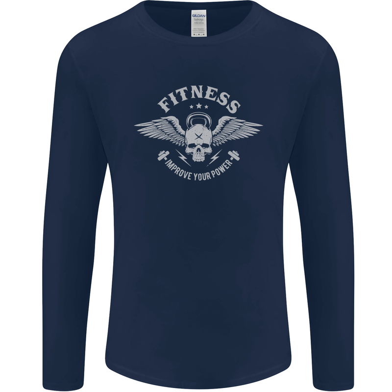 Gym Fitness Improve Your Power Skull Mens Long Sleeve T-Shirt Navy Blue