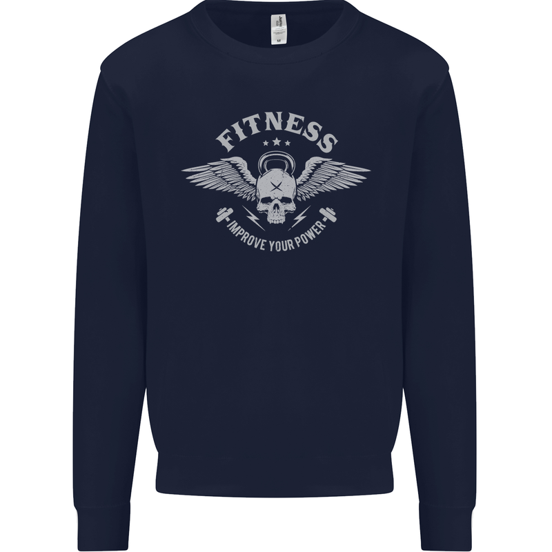 Gym Fitness Improve Your Power Skull Mens Sweatshirt Jumper Navy Blue