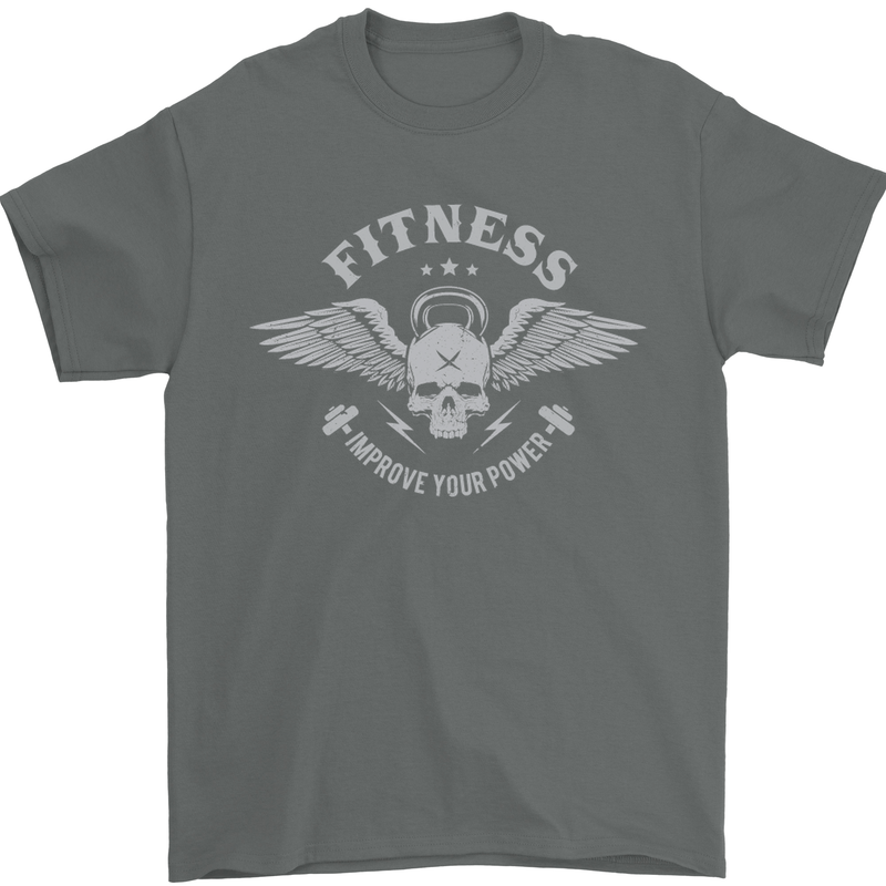 Gym Fitness Improve Your Power Skull Mens T-Shirt Cotton Gildan Charcoal