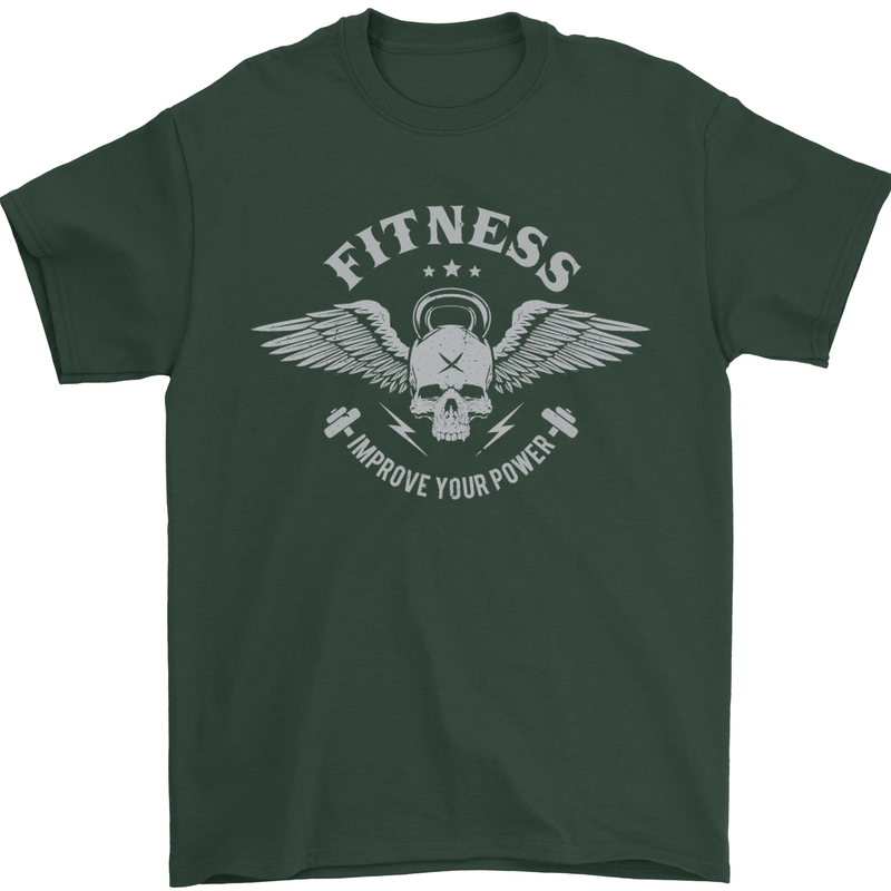 Gym Fitness Improve Your Power Skull Mens T-Shirt Cotton Gildan Forest Green