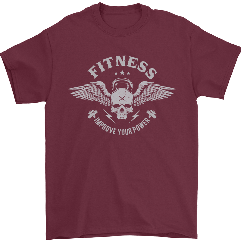 Gym Fitness Improve Your Power Skull Mens T-Shirt Cotton Gildan Maroon