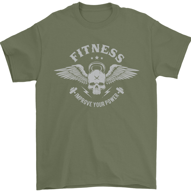 Gym Fitness Improve Your Power Skull Mens T-Shirt Cotton Gildan Military Green