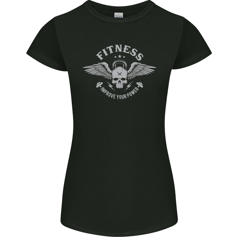 Gym Fitness Improve Your Power Skull Womens Petite Cut T-Shirt Black
