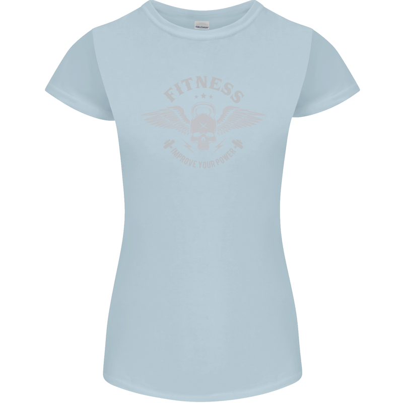 Gym Fitness Improve Your Power Skull Womens Petite Cut T-Shirt Light Blue