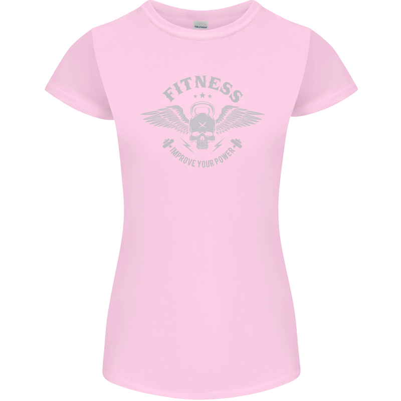 Gym Fitness Improve Your Power Skull Womens Petite Cut T-Shirt Light Pink