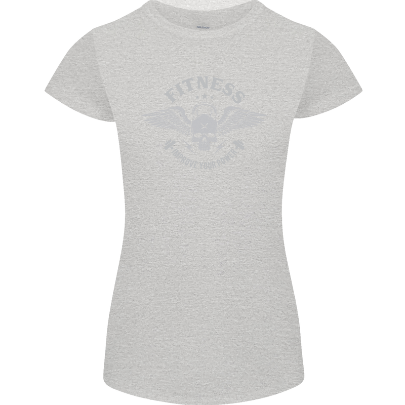 Gym Fitness Improve Your Power Skull Womens Petite Cut T-Shirt Sports Grey