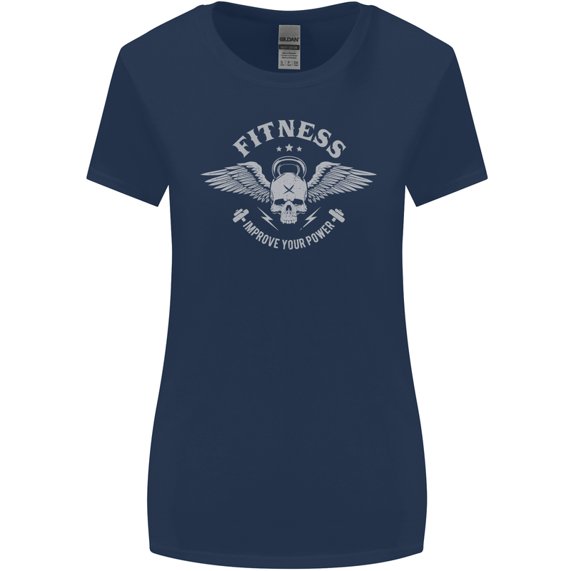 Gym Fitness Improve Your Power Skull Womens Wider Cut T-Shirt Navy Blue