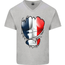 Gym French Tricolour Flag Muscles France Mens V-Neck Cotton T-Shirt Sports Grey
