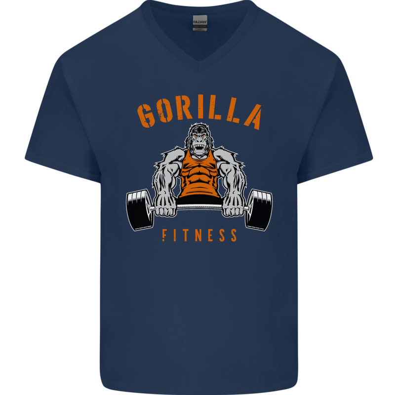Gym Gorilla Fitness Bodybuilding Training Mens V-Neck Cotton T-Shirt Navy Blue