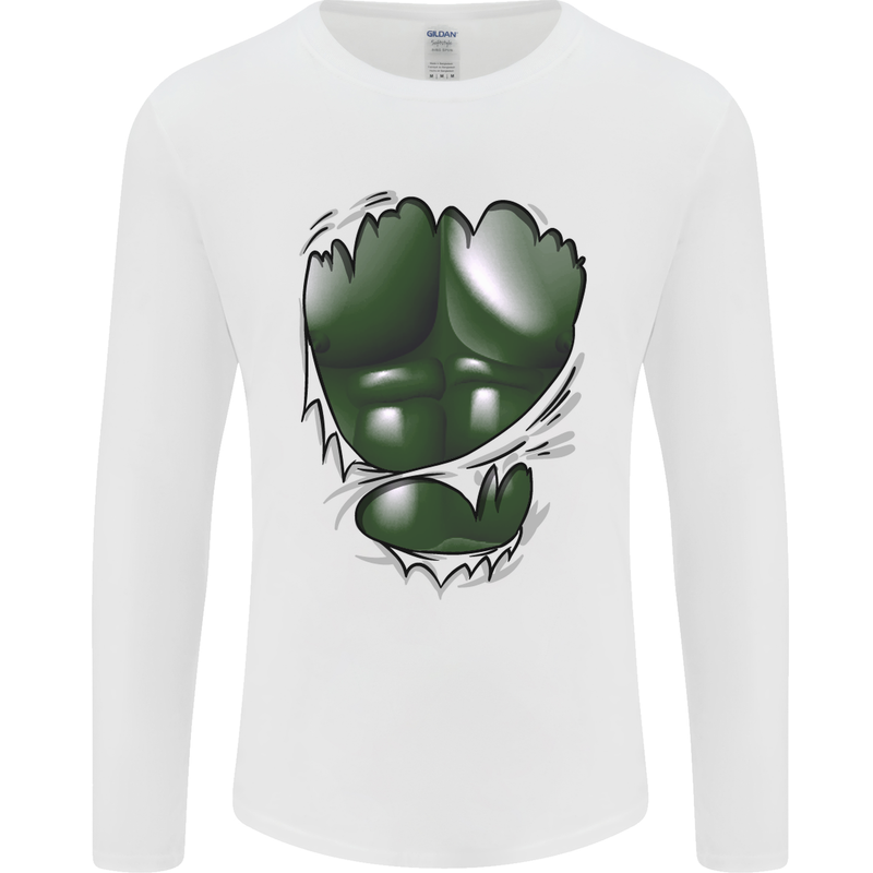Gym Green Torso Ripped Muscles Effect Mens Long Sleeve T-Shirt White