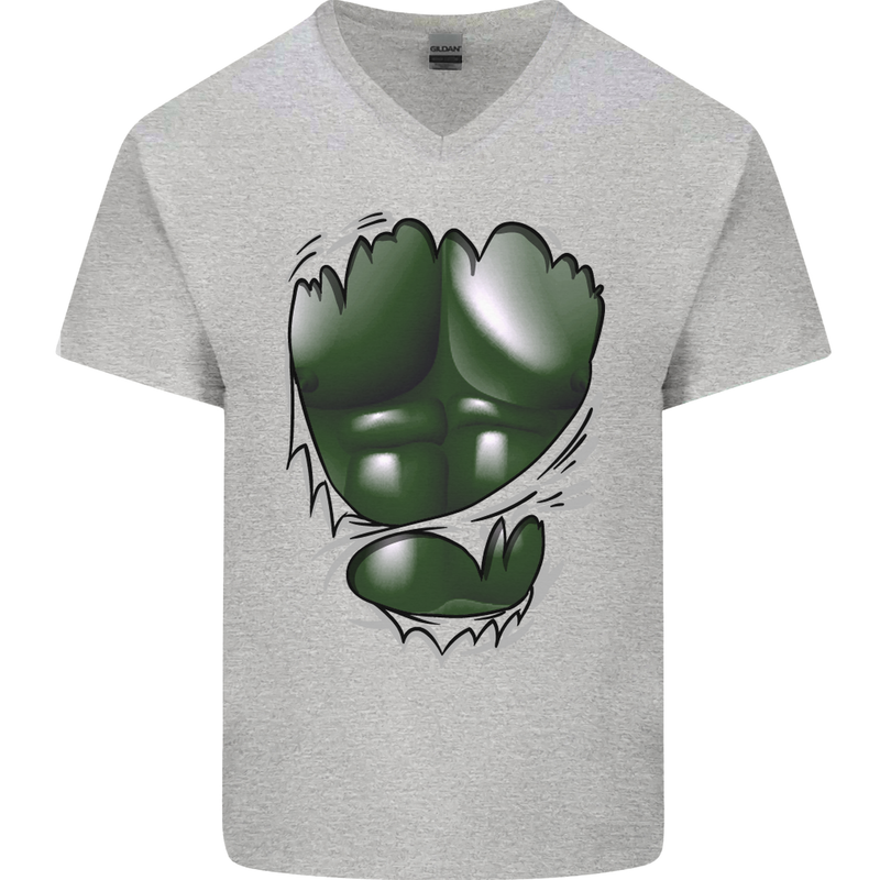 Gym Green Torso Ripped Muscles Effect Mens V-Neck Cotton T-Shirt Sports Grey