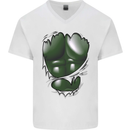 Gym Green Torso Ripped Muscles Effect Mens V-Neck Cotton T-Shirt White
