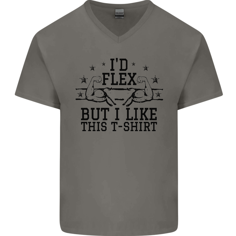 Gym I'd Flex but I Like This Funny Mens V-Neck Cotton T-Shirt Charcoal