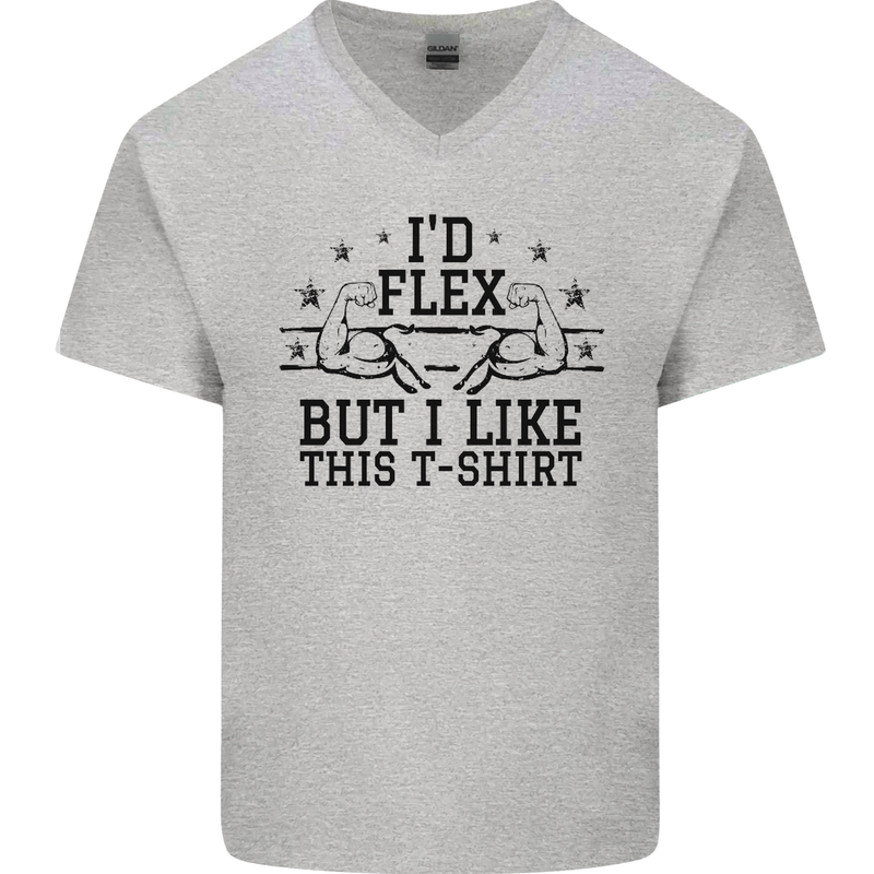 Gym I'd Flex but I Like This Funny Mens V-Neck Cotton T-Shirt Sports Grey