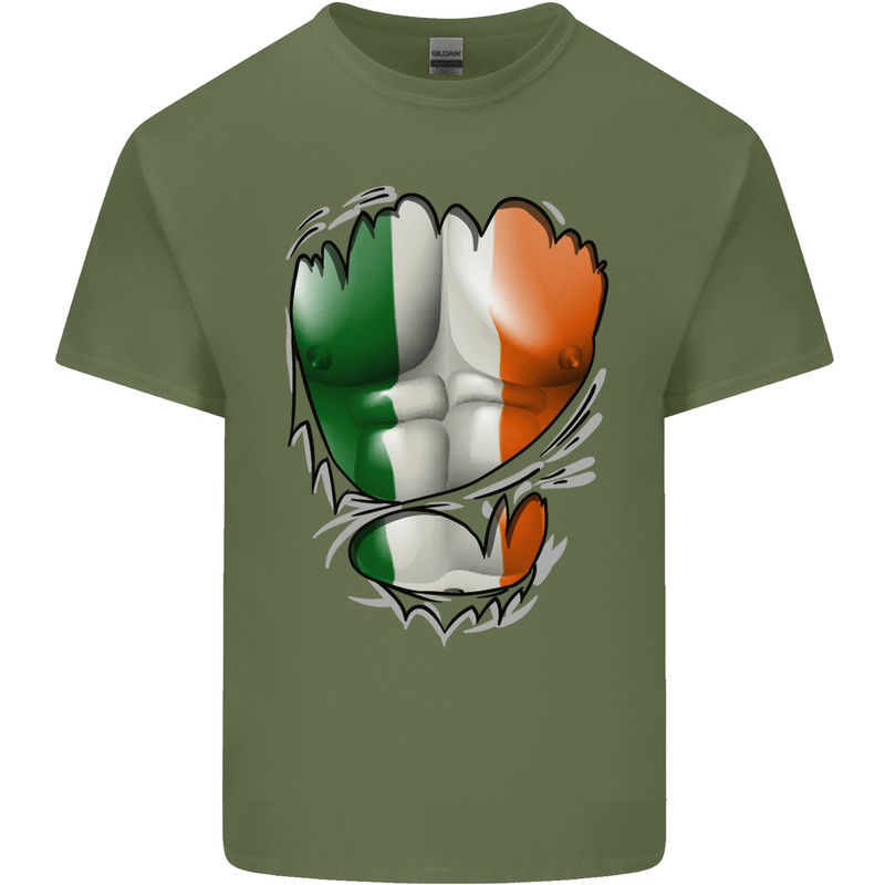 Gym Irish Tricolour Flag Muscles Ireland Mens Cotton T-Shirt Tee Top Military Green