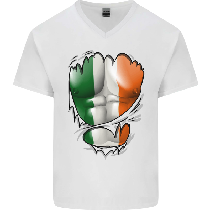 Gym Irish Tricolour Flag Muscles Ireland Mens V-Neck Cotton T-Shirt White