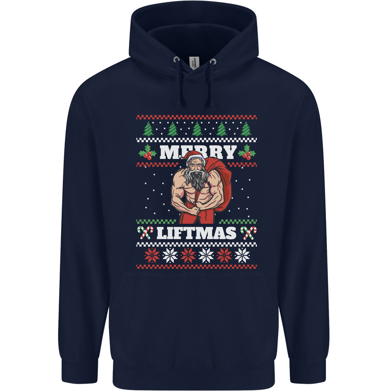 Gym Merry Liftmas Christmas Bodybuilding Mens 80% Cotton Hoodie Navy Blue