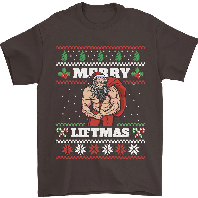 Gym Merry Liftmas Christmas Bodybuilding Mens T-Shirt Cotton Gildan Dark Chocolate