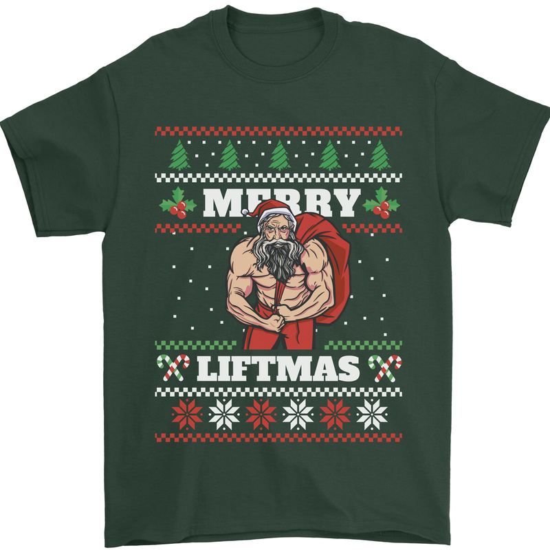 Gym Merry Liftmas Christmas Bodybuilding Mens T-Shirt Cotton Gildan Forest Green