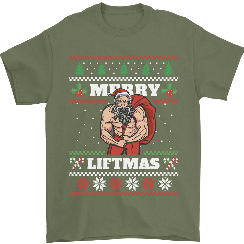 Gym Merry Liftmas Christmas Bodybuilding Mens T-Shirt Cotton Gildan Military Green