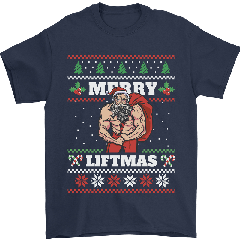 Gym Merry Liftmas Christmas Bodybuilding Mens T-Shirt Cotton Gildan Navy Blue